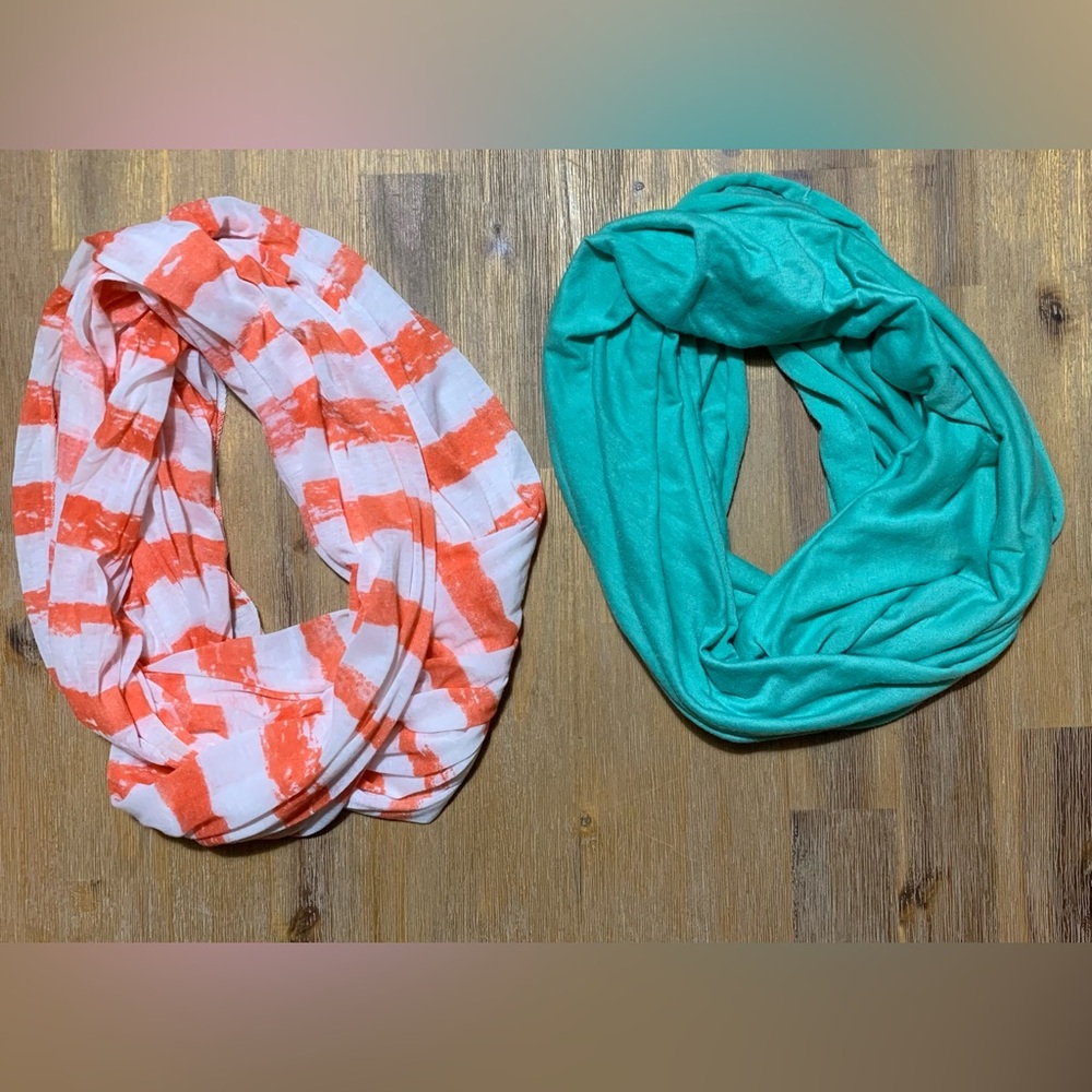 Infinity Scarf bundle of 2 -OS- coral/ivory & aqua lightweight circle scarves